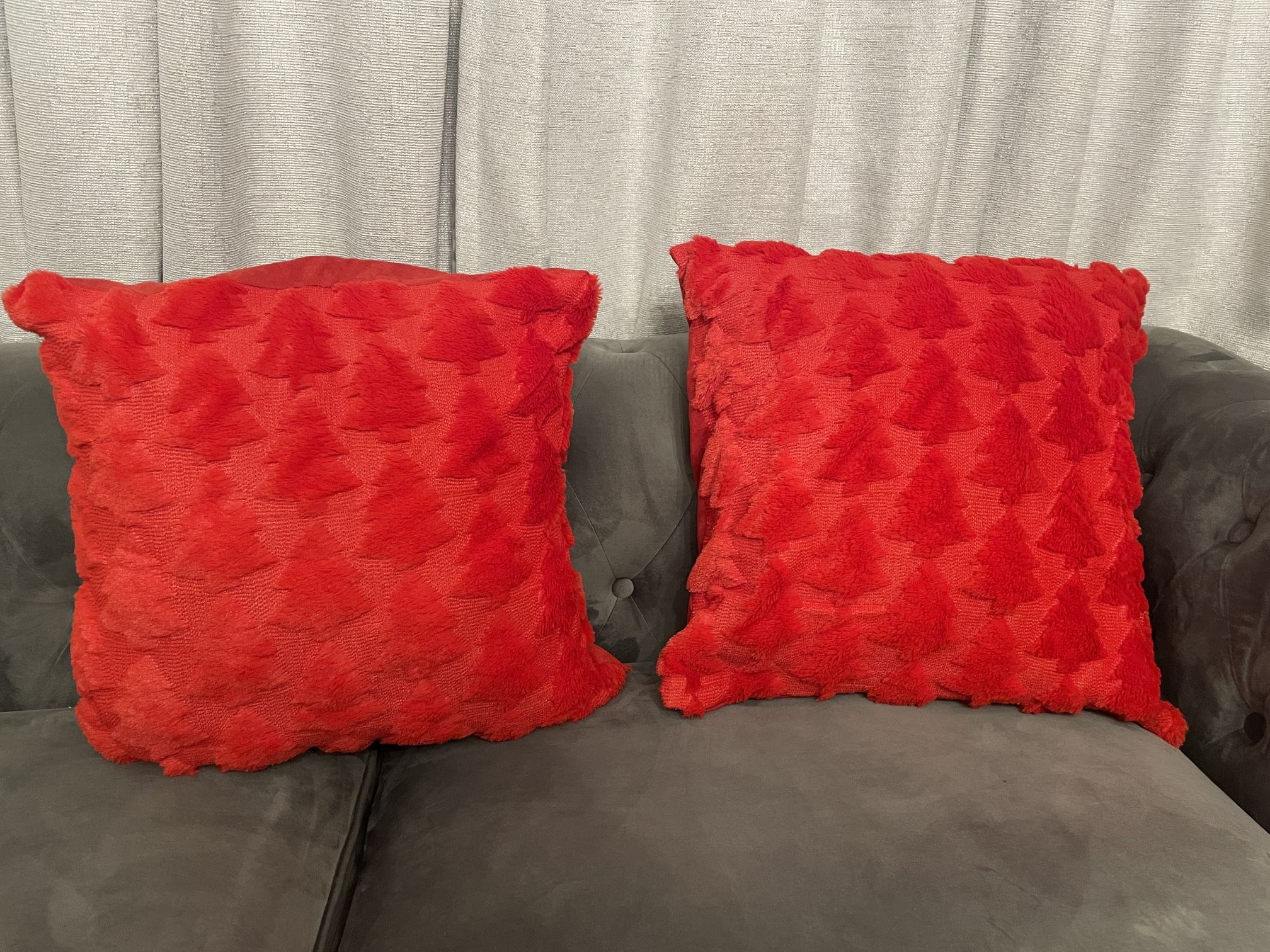Red Plush Christmas Tree Pillows – Set of 2 (Holiday Décor)