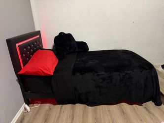 Modern Black Bed Frame with LED Lights, Diamond- Turfed & PaddedHeadboard