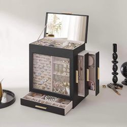 Jewelry Box with Glass Window, 5-Layer Jewelry Organizer with 3 Side Drawers, Jewelry Storage，Graphite Black and Gold