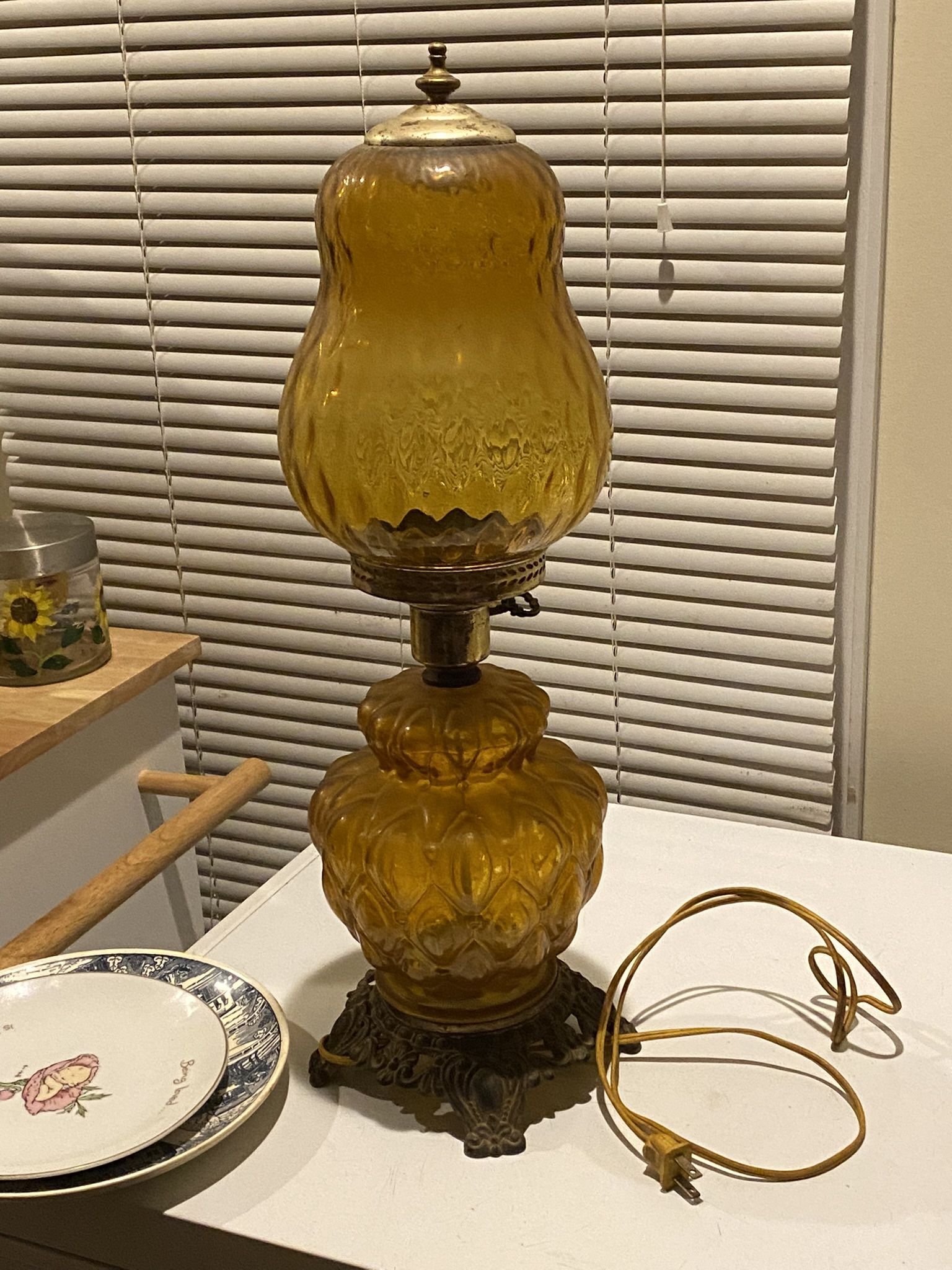 vintage fostoria amber coin glass lamp from the 1960s - 1980s
