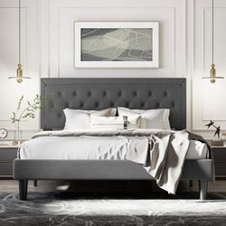 Grey Linen Tufted Upholstered Platform Bed Frame - Headboard + Wood Slats Included - KING SIZE