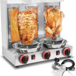 3 Burners Shawarma Grill Machine Gas Vertical Rotisserie Chicken Machine, 30 lbs Capacity Countertop Rotating Broiler Gyro Meat, 110V