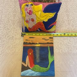 Mermaid Wall Art Original  Oil On Canvas 8”x10.5”  & Custom Pillow NEW 