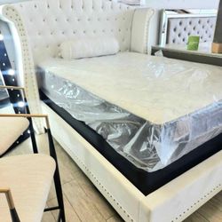 White Velvet Queen Bed 
