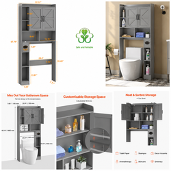 66”H Gray Over-the-Toilet Bathroom Storage Cabinet with Doors & Adjustable Shelf