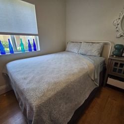 Queen frame, mattress, box springs, linens
