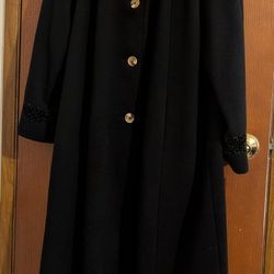 JED Black Long Wool Blend Dress Coat With Faux Leopard Accents, Size 14 Women's 