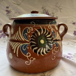 Vintage Mexican Tlaquepaque Redware Pottery Bean Pot w/Lid Hand Painted NICE!!