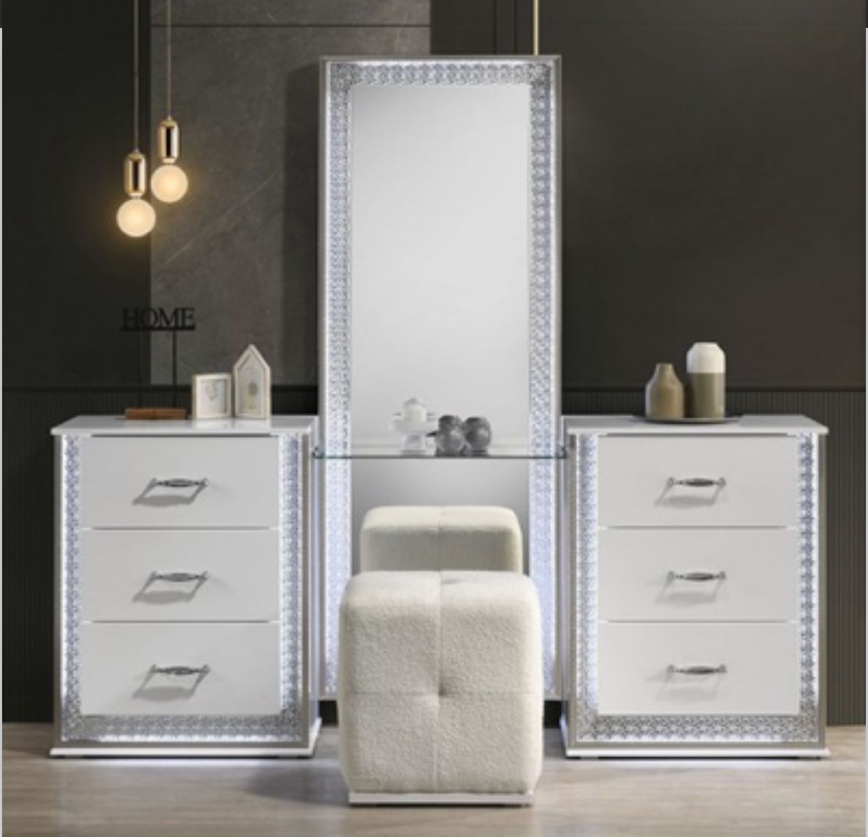 WHITE VANITY SET W/ STOOL(F72010) FUL LENGTH MIRROR W/TOUCH CONTROL LED $799 free local delivery