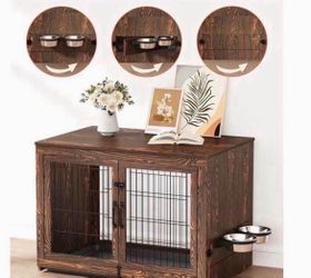 Piskyet Wooden Dog Crate Furniture with 360°Rotatable Removable Dog Bowls, Dog Crate End Table with Tray, Double Doors Dog Kennels for Dogs(L:37.7"