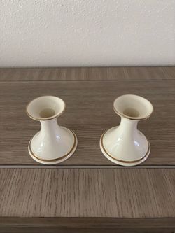 Pair of Ivory Lenox Ceramic Candlestick Holders with Gold Trim