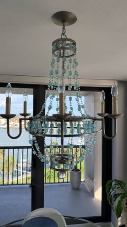 Coastal Boho Metal Chandelier with Turquoise Glass Beads
