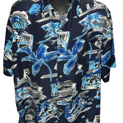 HanTon Men’s Hawaiian Shirt 2XL Blue Palm Tree Island Print Aloha Summer Vacation Top