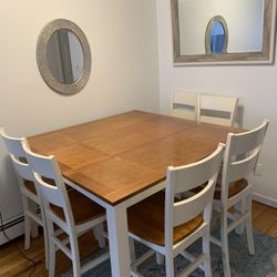 Diningroom High top Table Set Excellent Condition Adjustable  54"W x 54"D x 36"H Without the leaf it’s 54x36  SEATS 8-10 People 