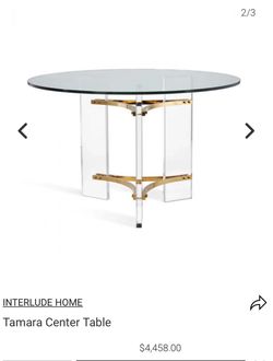 INTERLUDE HOME TAMARA ACRYLIC & POLISHED BRASS ROUND GLASS TABLE – 48” - Delivery is negotiable