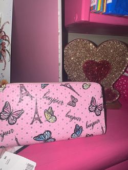 Pink Paris Butterfly Print Zip-Around Wallet