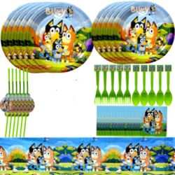 Bluey Birthday Party Decorations,Include plates,cake topper,tablecover,spoon,fork,knife, straws,gift bags,napkin,balloons Party Favors, Cartoon Theme 