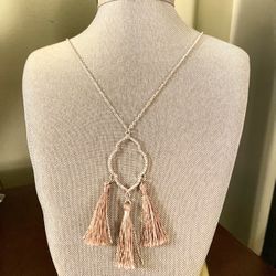 Long Silver Pink Fringe Necklace