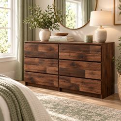55” Rustic Walnut Finish 6-Drawer Dresser w/ Minimalist Design [NEW] **ALREADY ASSEMBLED**