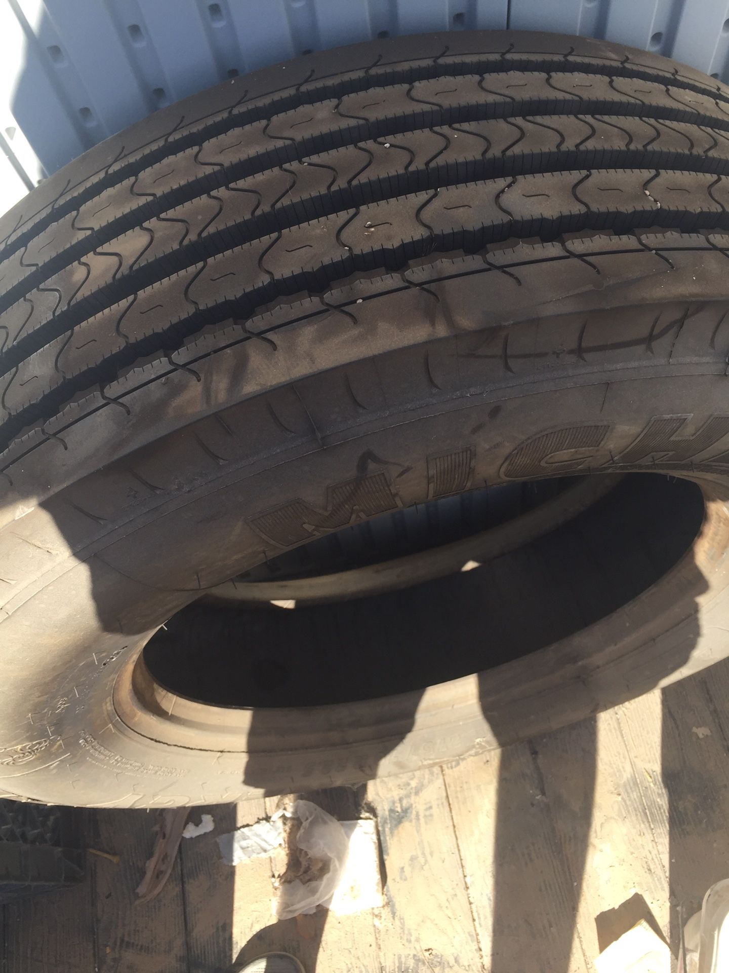 Michelin motorhome tire. Almost new has 200 miles on it. Purchased new for over $700 new. Approximately 3 years ago stored inside since then size is