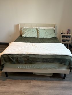 Queen Velvet Upholstered Bed Frame + 12’’ Hybrid Memory Foam Mattress