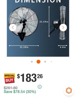 25 in. 8000 CFM Oscillating, 3-Speed Indoor/Outdoor Wall Mount Fan in Black for Garage, Home & Warehouse, FCC & UL