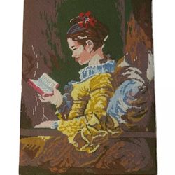 Large Handmade Embroidered Needlepoint Victorian Woman Reading Book Art Decor