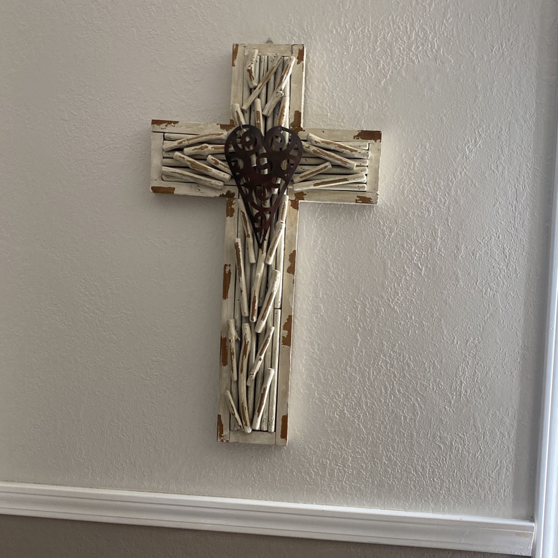Wood Cross With Metal Heart
