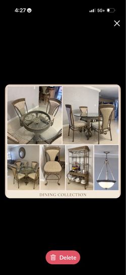Dining set 4 chairs, hutch, lamp and stools