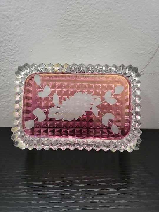 Vintage Covered Ribbed Glass Candy/ Trinket Dish W/ Pink Floral Top