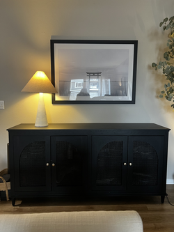 Black Wood and Rattan Arched Door Storage Cabinet