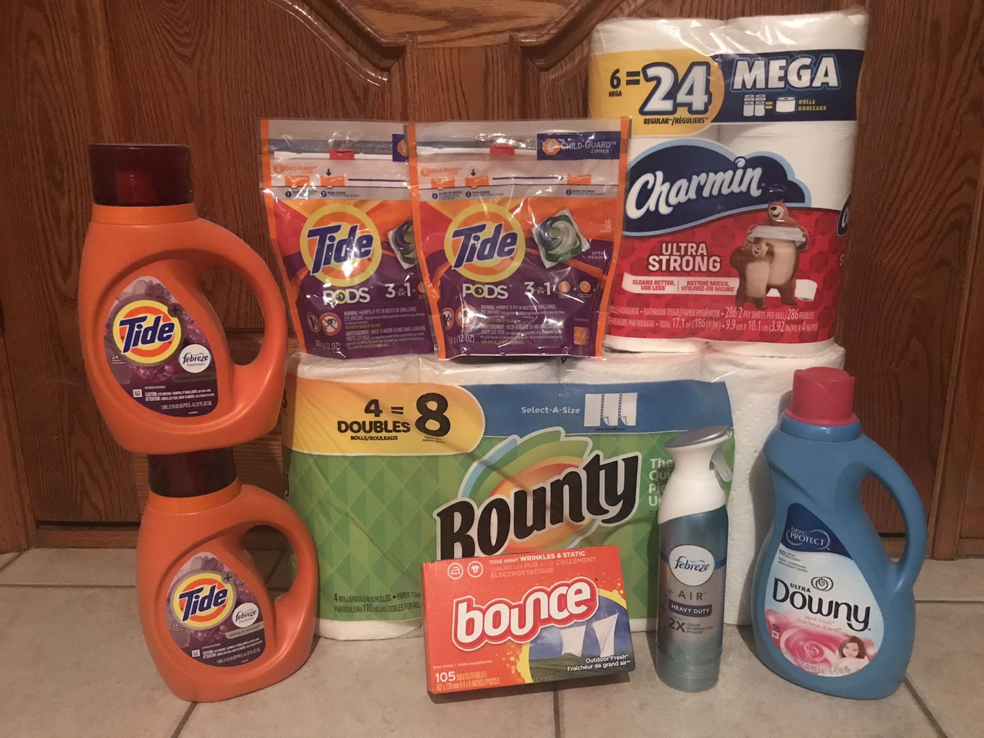 Tide laundry detergent Pidd Charmin Toilet Paper Bounty Paper towel Bouncr dryer sheet Febreze downy fabric softener bundle