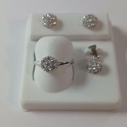 Moissanite Set, Ring, Pendant and Earrings, Sterling Silver, Size 8 ring