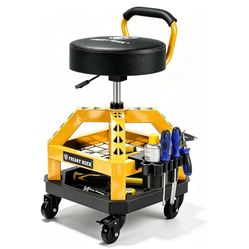 Rolling Shop Stool with Wheels, Heavy Duty Garage Work Mechanic Stool with Backrest, Adjustable Height 360°Swivel Rolling Chair with Tool Tray Storage