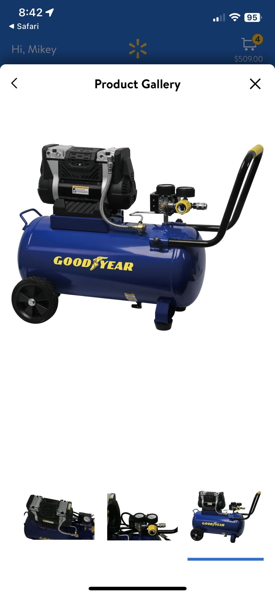Goodyear. 8 Gallon Quiet. Oil-Free Horizontal Air Compressor. Portable with Handle and Wheels