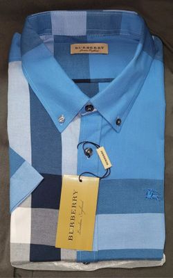Burberry Classic Plaid Short Sleeve Button Down Shirt Light Blue Size Large