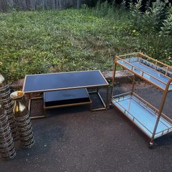 Metal Cart Bar, Table And Vase