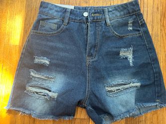 Blue denim shorts with ripped details, size Small