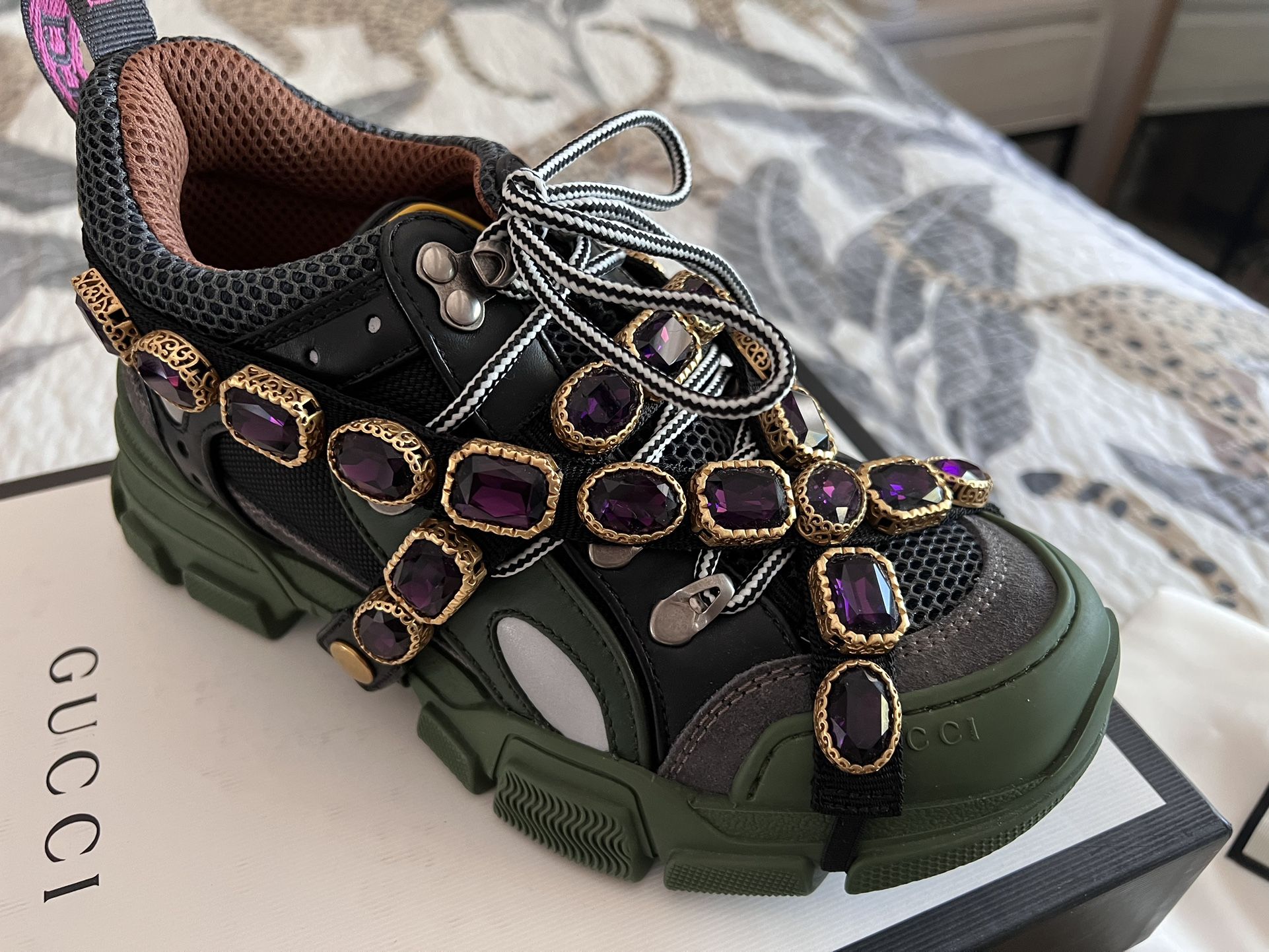 Gucci Flashtrek Sneakers with Removable Jewel Crystal Green Size