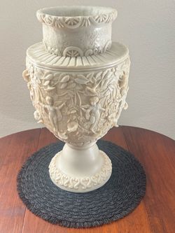 Very Ornate, 3D Angel, Resin Vase. 19”’H, 11” Wide in Middle, 8” Base, 7.5” Top Opening. 19.5 lbs