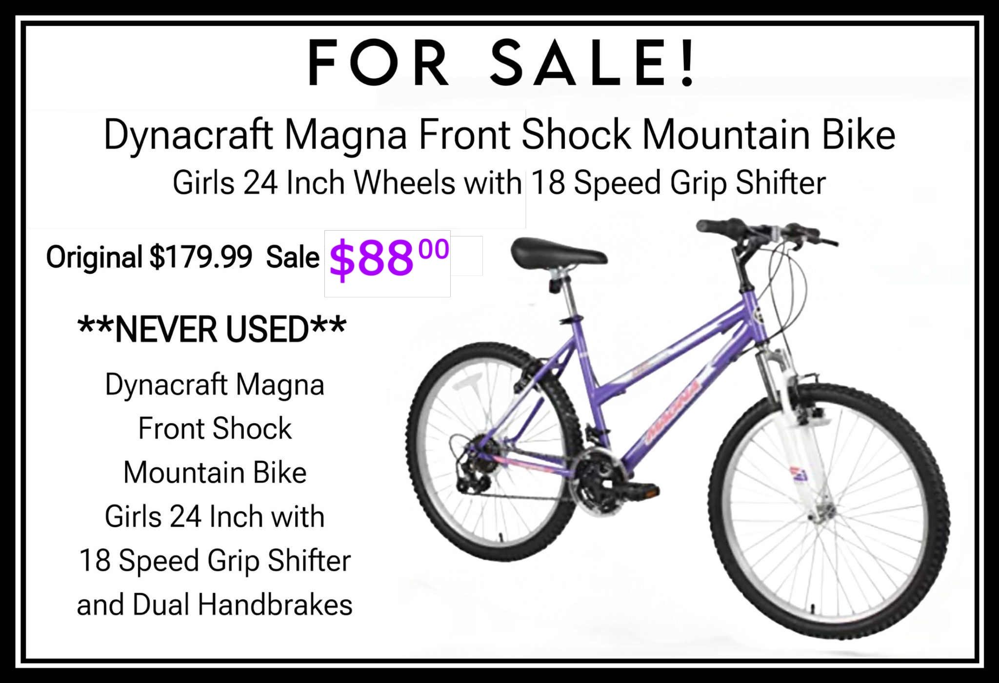 Dynacraft Magna Front Shock Mountain Bike Girls 24 Inch, 18 Speed, Purple -Great Christmas gift!