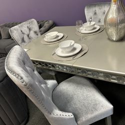 Firm Price $1,999 Brand New In Box 9 Piece Dining Set Mirrored Table Grey Velvet Chairs With Faux Crystals