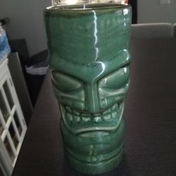 Vintage Tiki Mug Satin Green Ceramic Tumbler 6.75" High