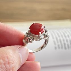 Native American Oval Coral Sterling Silver .925 Vintage Navajo Ring Size 5.75