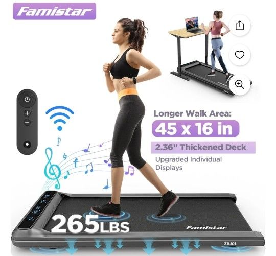 2.5HP Treadmill Walking Pad, Famistar 2-in-1 Portable Electric Exercise Treadmill, Under Desk Treadmill with Remote Control, 265LB Capacity, HiFi Blue