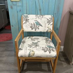 Newly Upholstered Gorgeous Birds Patterned Vintage Solid Wood Rolling Office Chair