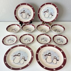 Royal Season Stoneware Christmas Snowman Dinner Plate Bread Plate Bowl Set of 12