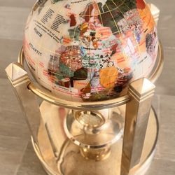 Vintage Mother Of Pearl & Semi Precious Gemstones Gold Plated Rotating Globe