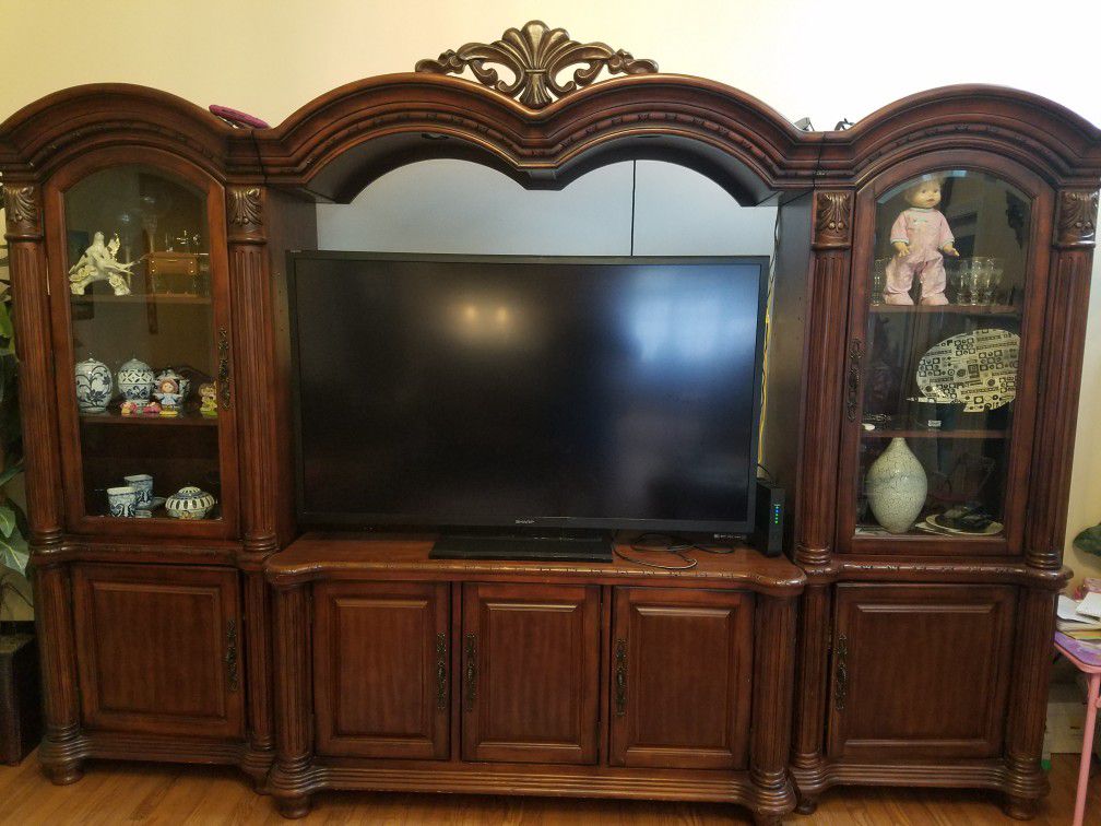 Ashley Furniture 120" Solid Wood Entertainment Center With 60 in Sharp TV