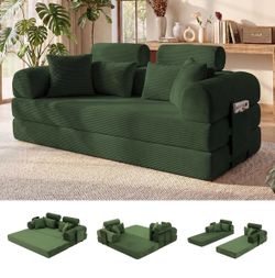 79" Convertible Sofa Bed, 5-in-1 Corduroy Floor Couch, Boneless Couch with Ergonomic High Back Support & Side Storage Pocket, No Assembly for Bedroom 